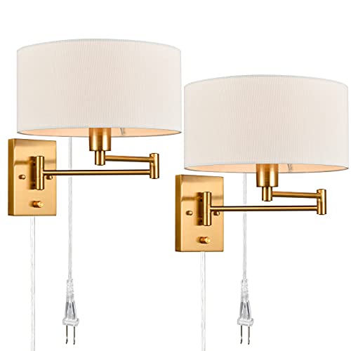 Farmhouse Wall Sconces Plug in Set of Two Brass Swing Arm Wall Lamp with Fabric Shade
