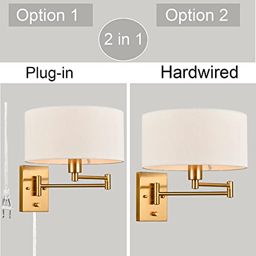 Farmhouse Wall Sconces Plug in Set of Two Brass Swing Arm Wall Lamp with Fabric Shade