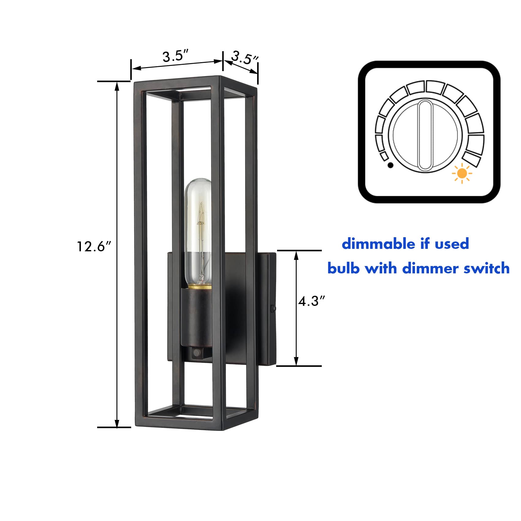 Industrial Wall Sconce Dimmable Black Wall Light with Cuboid Cage