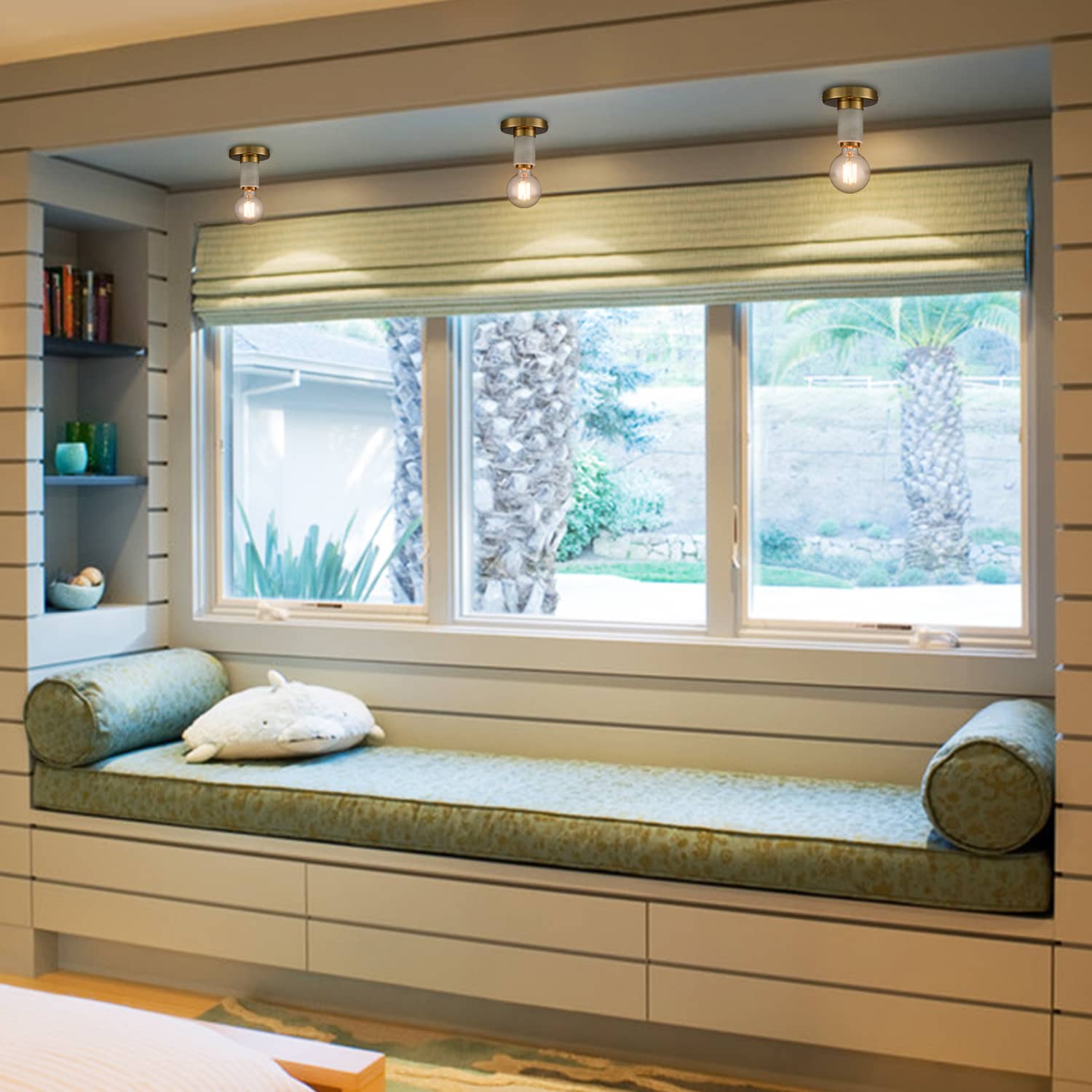 Modern Brass Semi Flush Mount Ceiling Light with White Marble for Living Room
