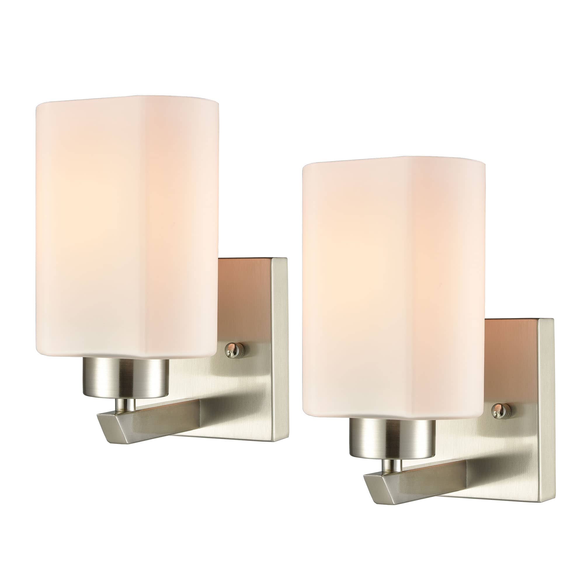 Modern Brush Nickel Wall Light Fixture with Off-white Glass Shade Set of 2