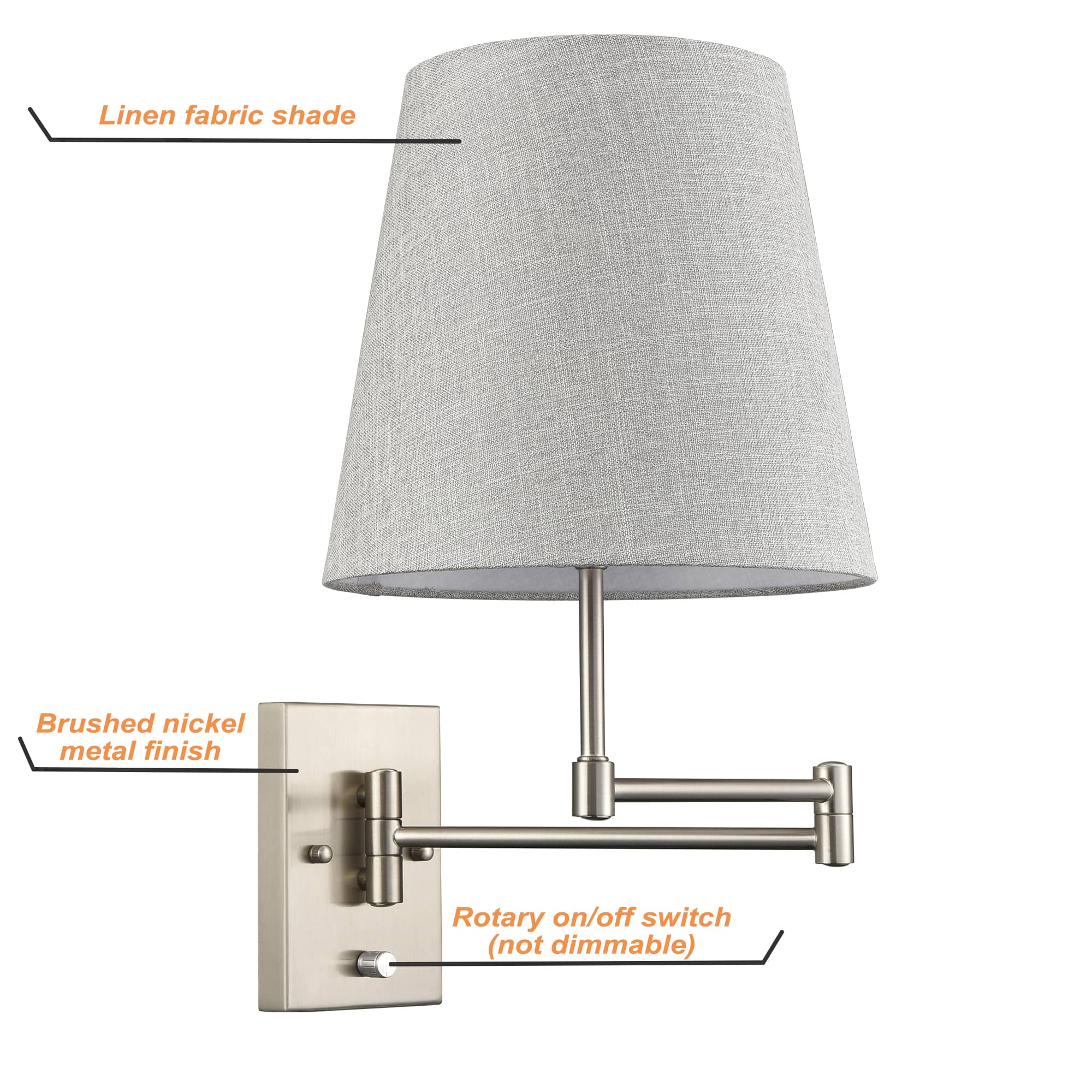 Modern Brushed Nickel Plug-in or hardwired Swing Arm Wall Lamp with Fabric Shade Set of 2