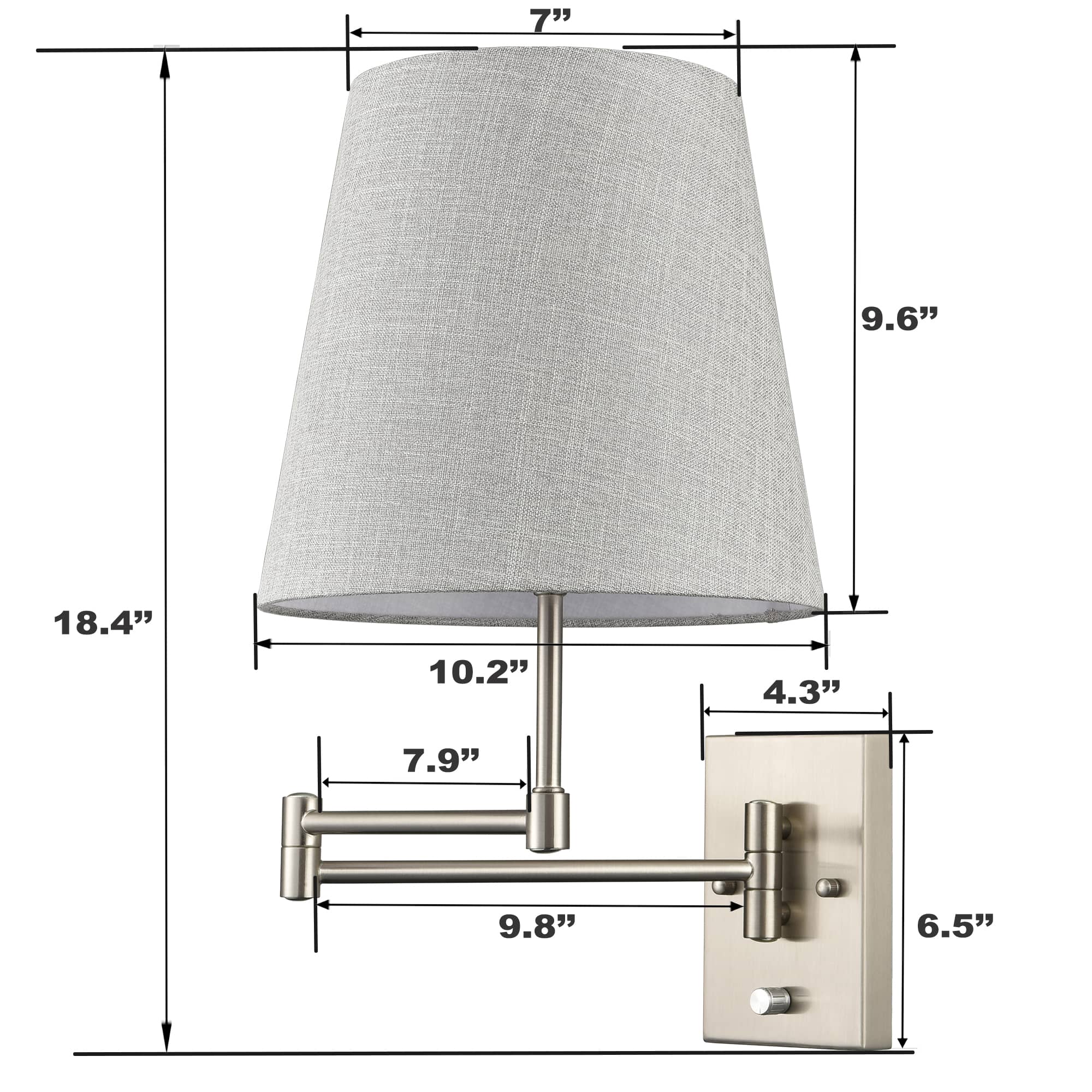 Modern Brushed Nickel Plug-in or hardwired Swing Arm Wall Lamp with Fabric Shade Set of 2