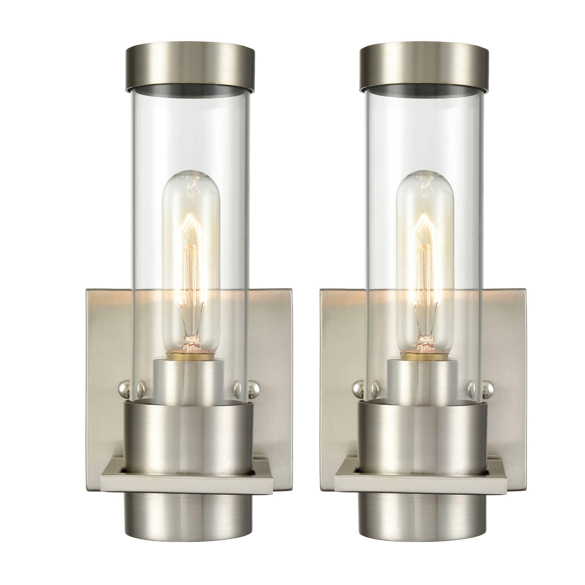 Modern Brushed Nickel Wall Light Fixture with Cylinder Clear Glass Shade Set of 2