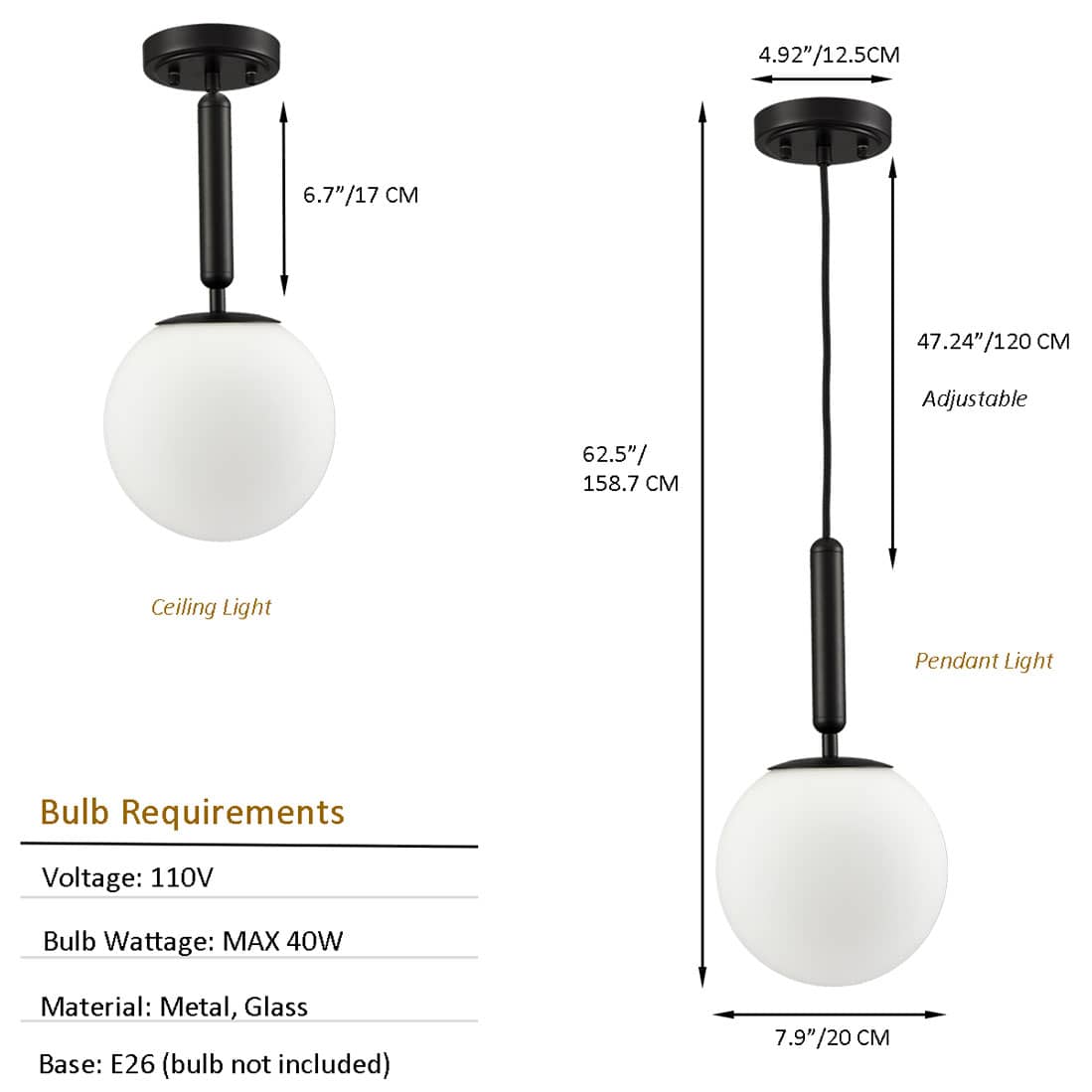 Modern Globe Pendant Lighting for Kitchen Island Black 8 Inch