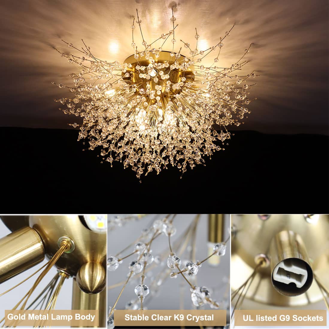 Modern Gold Crystal Ceiling Light 8-Light Firework Sputnik