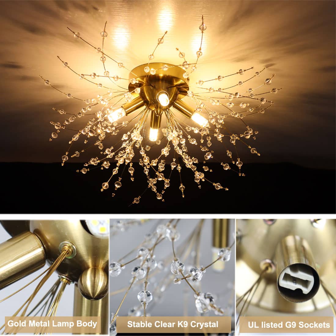 Modern Gold Crystal Sputnik Semi Flush Ceiling Light 4-Light