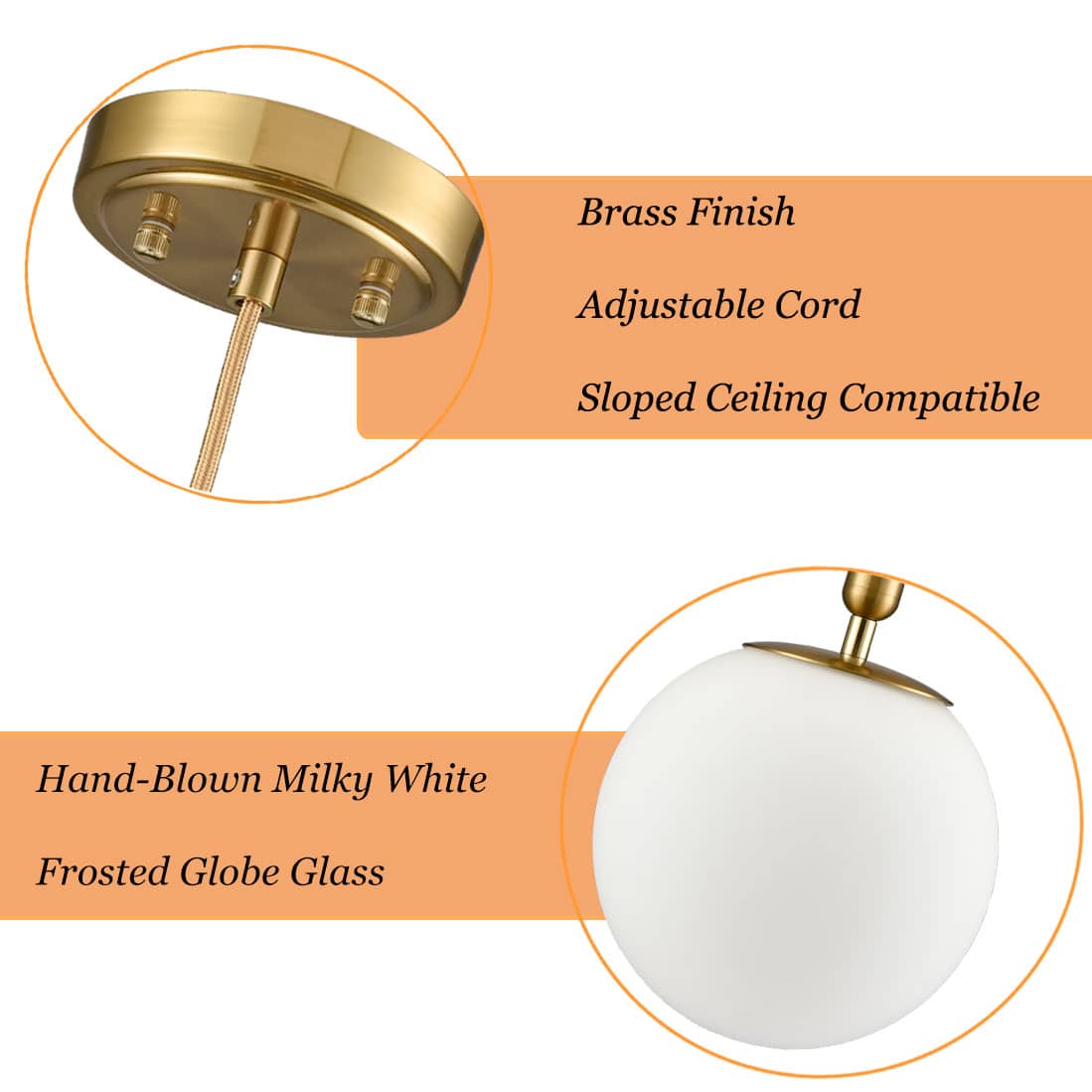 Modern Gold Pendant Lighting for Kitchen Island Globe Milky Glass 8 Inch