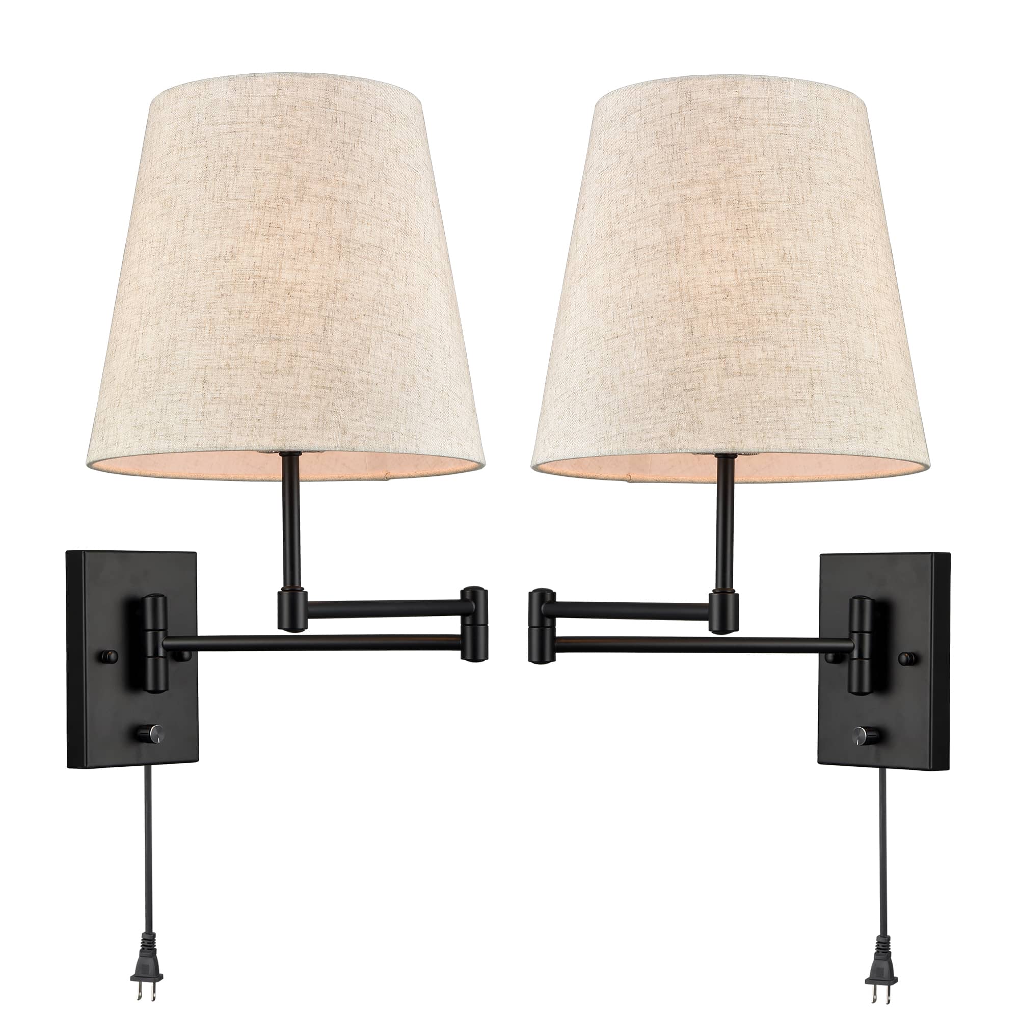Set of 2 Fabric Shade Swing arm Plug-in or Hardwired Black Wall Lamp