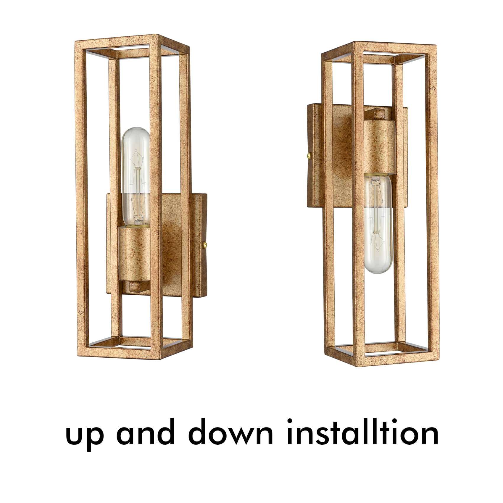 Wall Sconce Lighting Warm Brass with Rust Finish Cuboid Cage