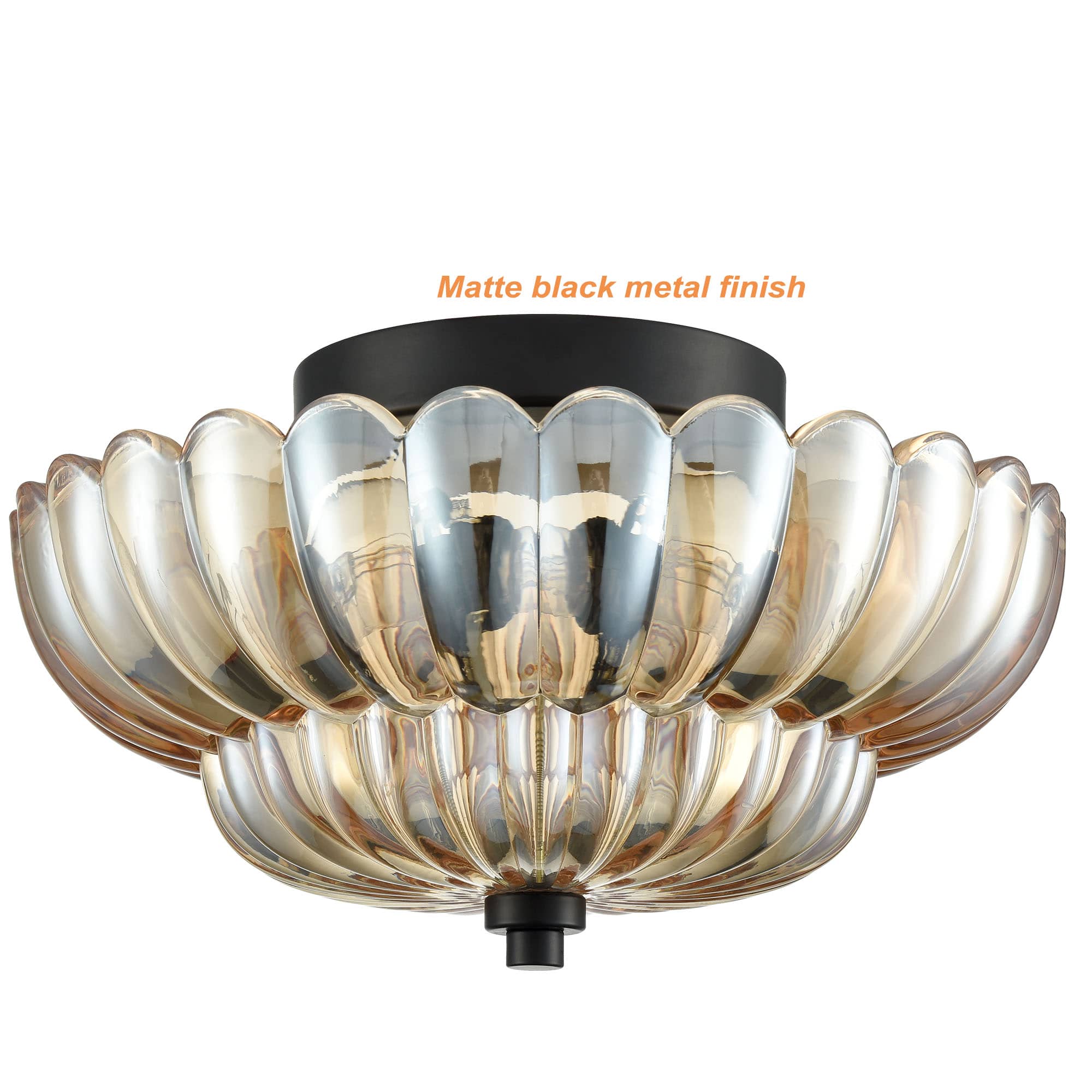 3-light Modern Black Metal with Scalloped Amber Glass Shade Semi Flush Mount Ceiling Light for Hallway