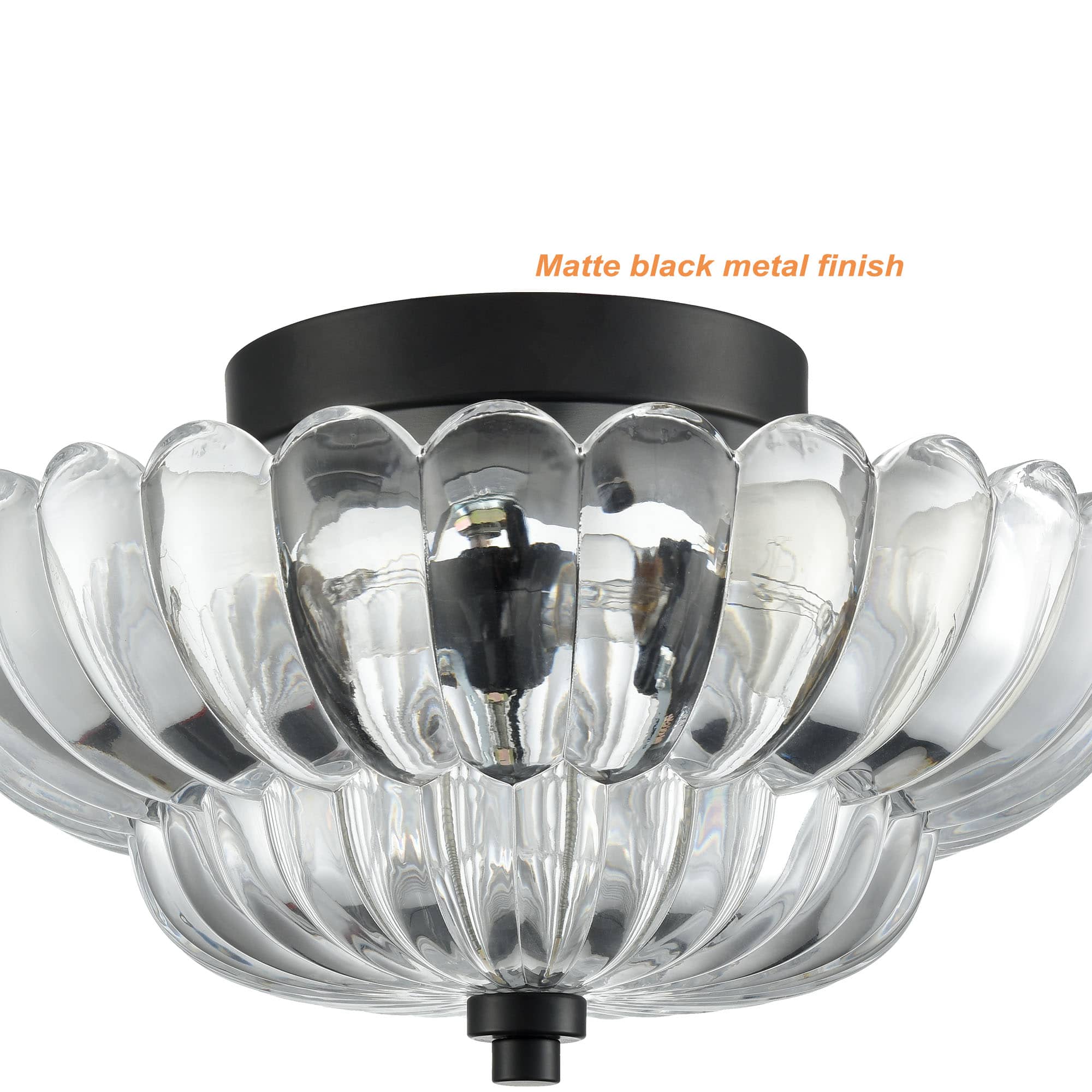 3-light Modern Black Metal with Scalloped Clear Glass Semi Flush Mount Ceiling Light for Living Room