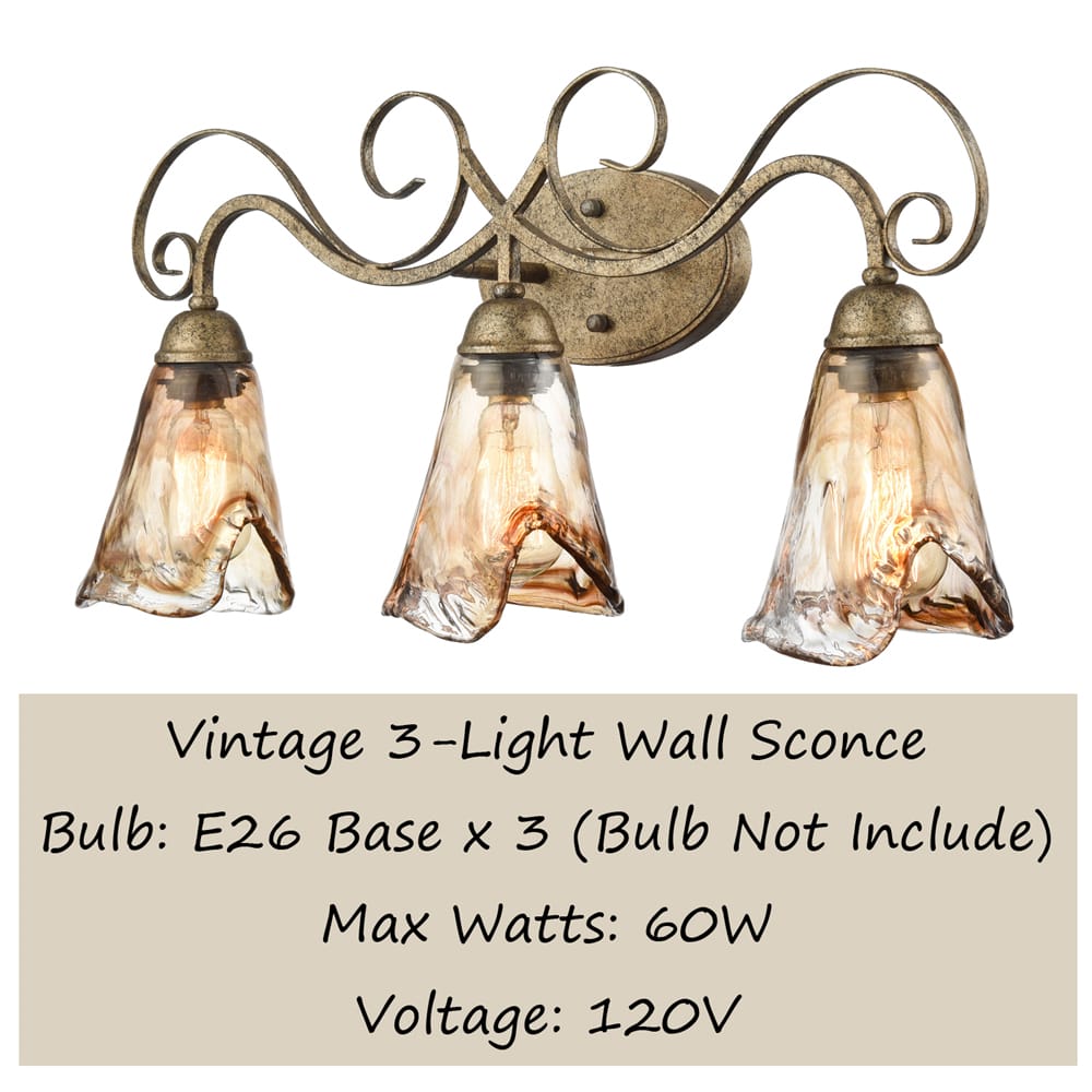 Vintage Vanity Light Amber Glow Glass Shade - 3 Light