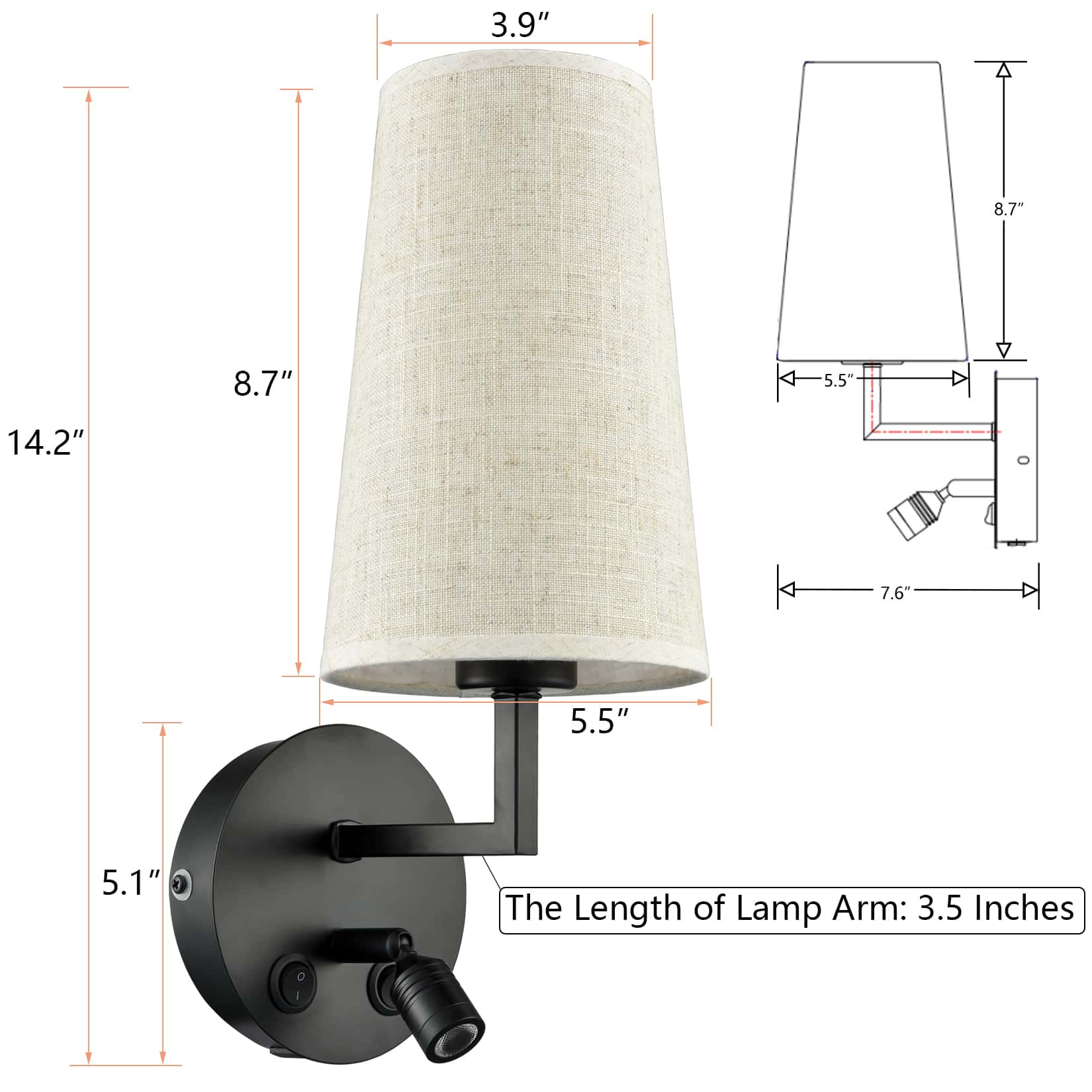 Black Wall Sconces with Beige Fabric Shade USB Port Switch Wall Light