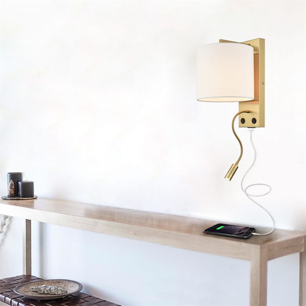 Brass Bedside Wall Lamp with USB Charging Port + Reading Light