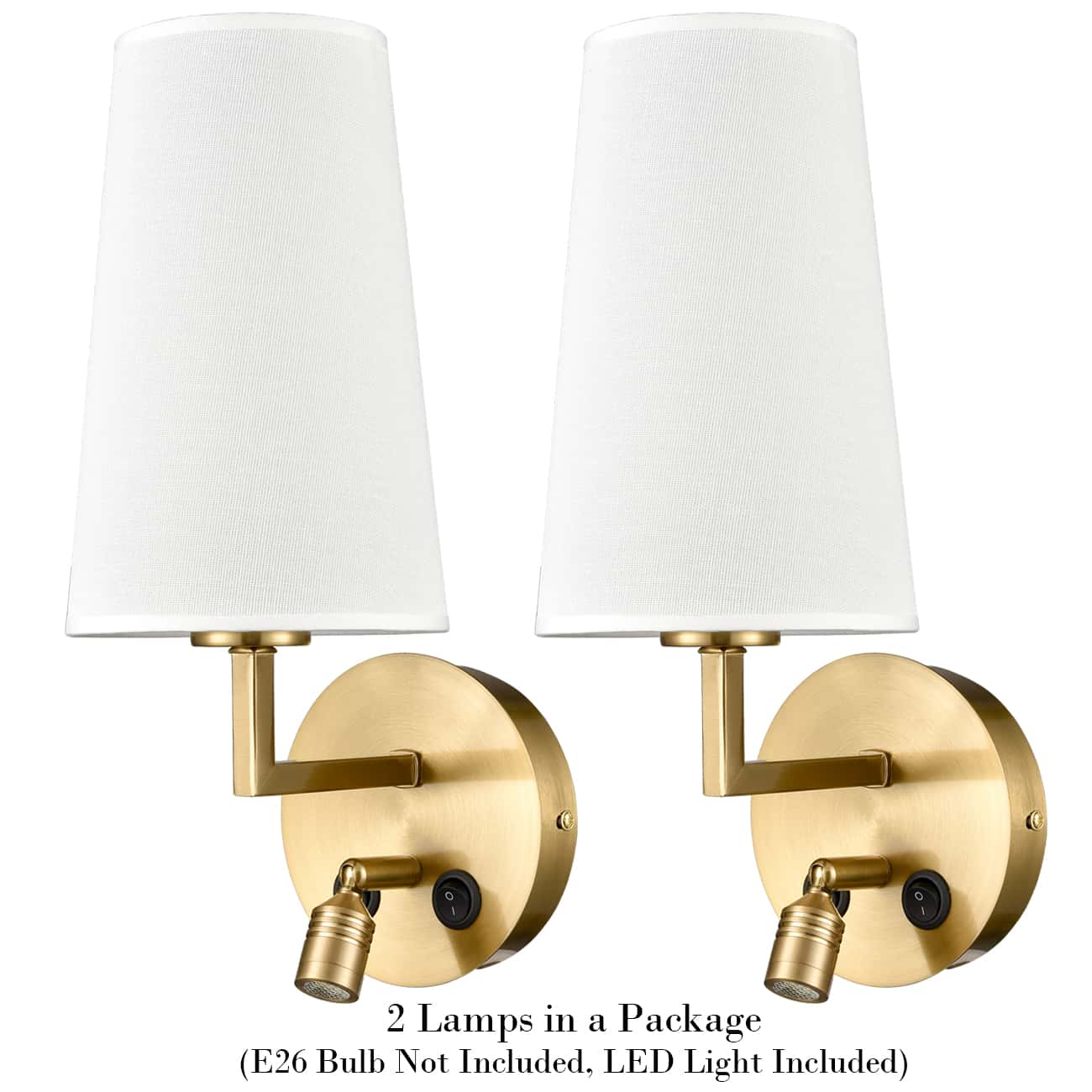 Brass Wall Sconce Set of 2 Fabric Wall Lamp with USB Port and Switch