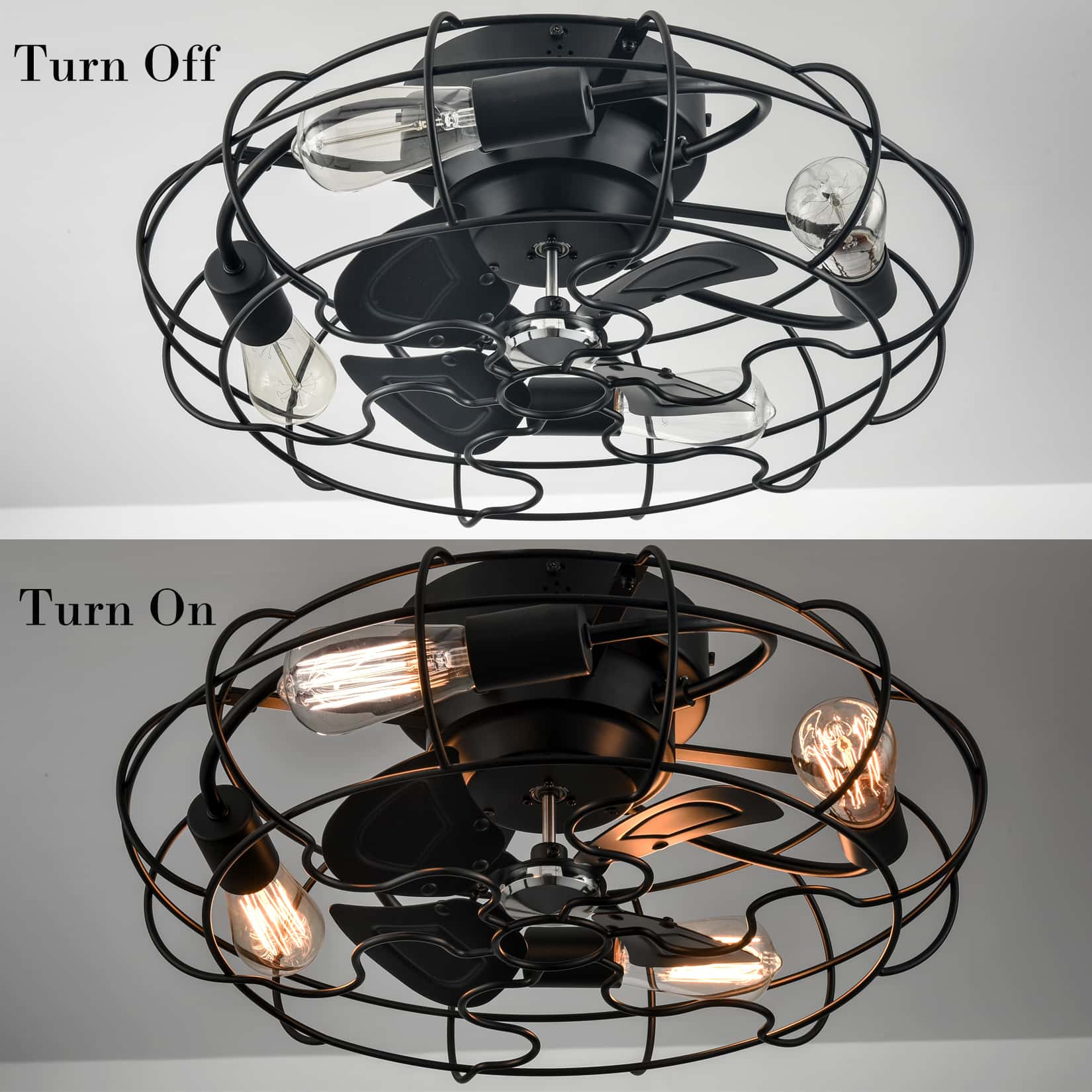 Industrial Black Caged Ceiling Fans with Lights and Remote Flush Mount