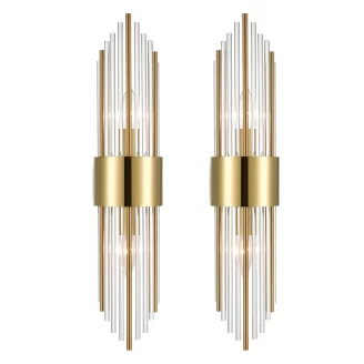 Modern Gold Metal Wall Sconce with Beautiful Crystal Clear Glass Rods for Bathroom Set of 2