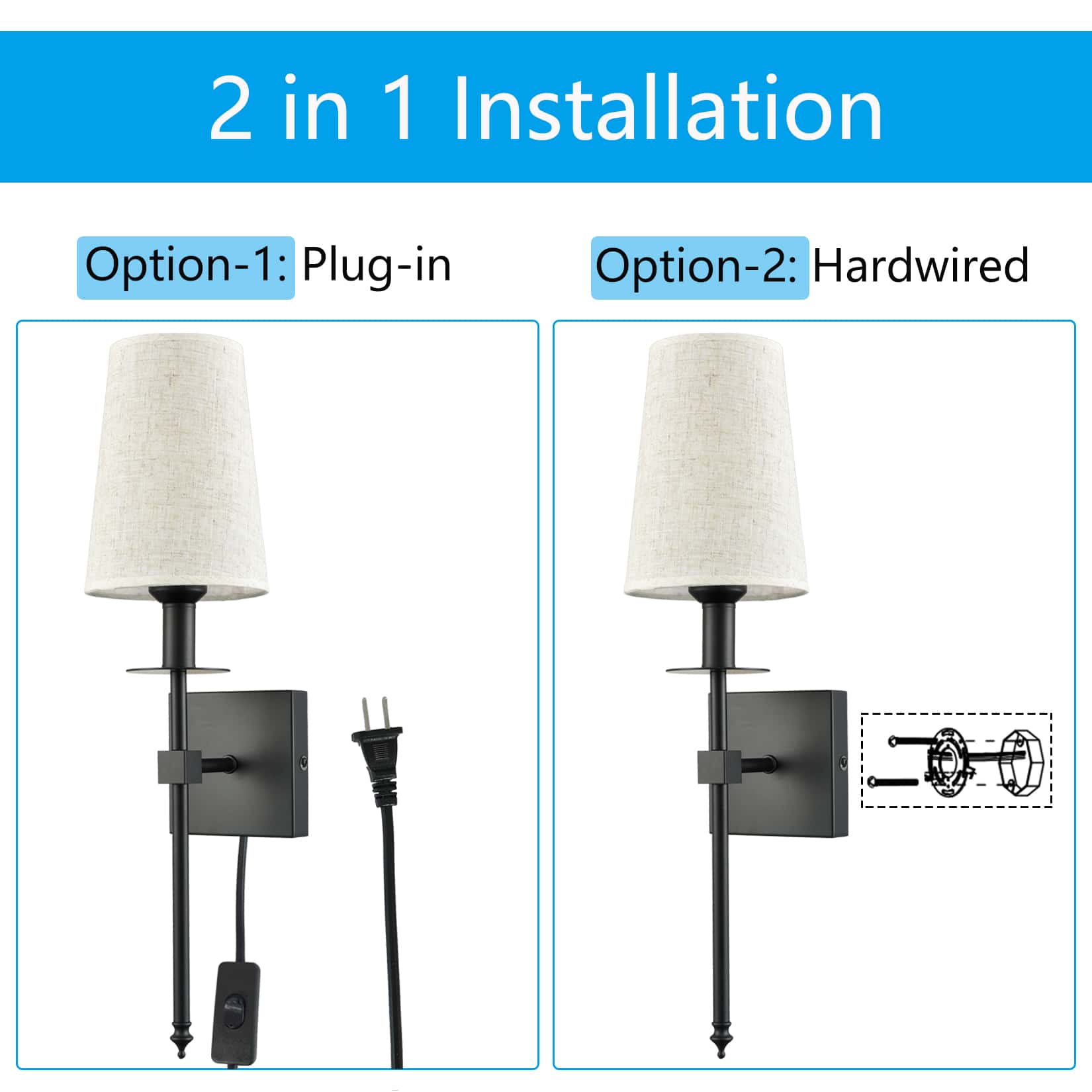 Slim Black Wall Sconces Set of Two Plug in Wall Lamps for Bedrooms