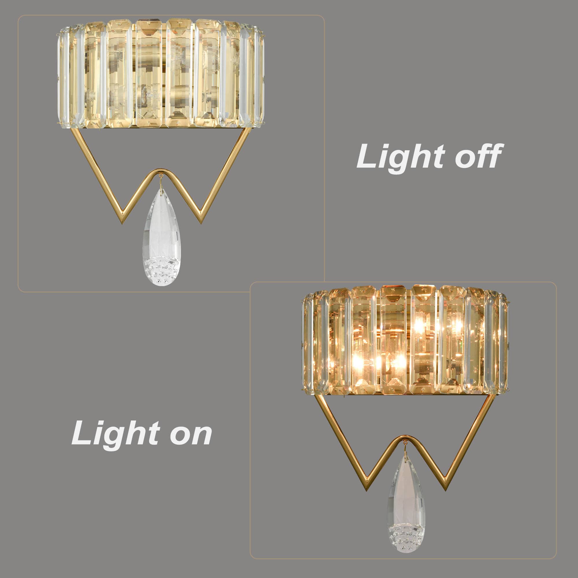 Modern 2-Light Gold Metal Wall Light Fixture with Crystal Wall Sconce for Bathroom Living Room Mid Century Light Fixture