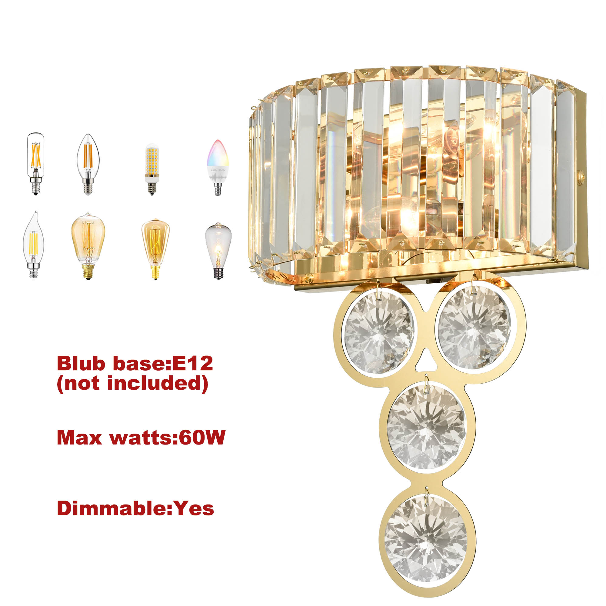 Modern 2-Light Gold Metal Wall Sconce with Crystal Wall Lamp for Bedroom Living Room Vanity Lighting Fixture
