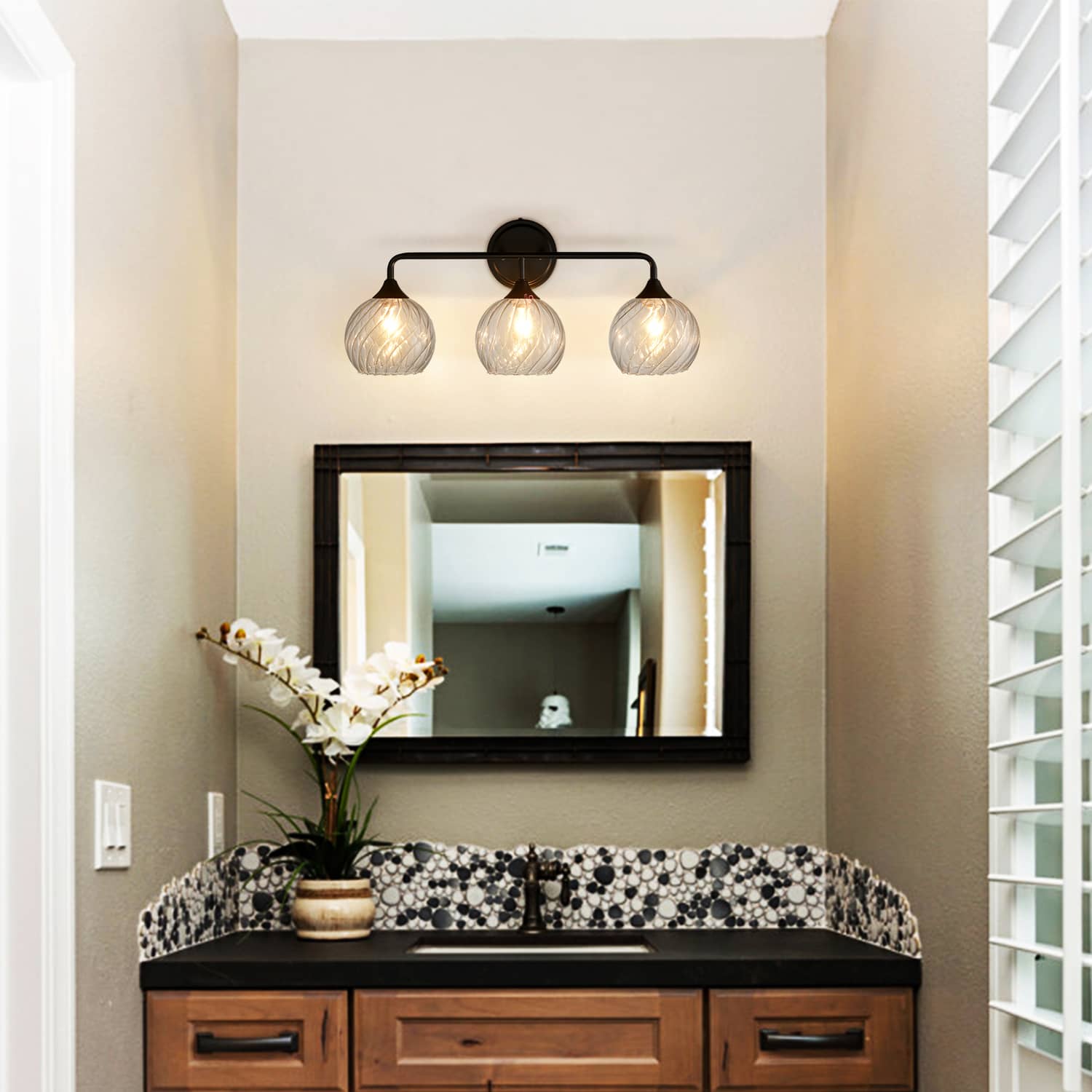 Vintage Bathroom Vanity Light Retro 3 Lights Matte Black Wall Sconce with Clear Globe Swirl Glass Shade