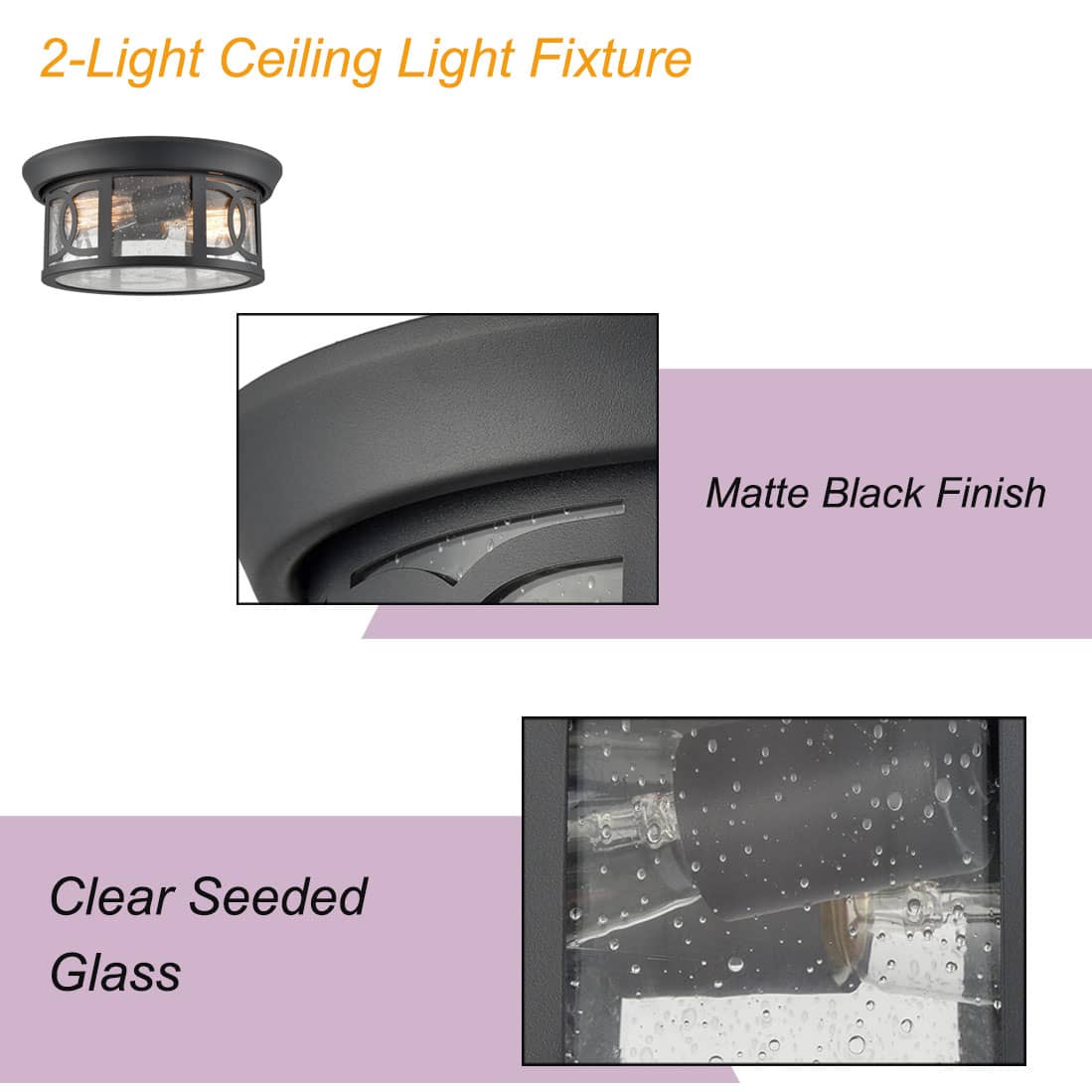 Modern Indoor Outdoor Ceiling Light Matte Black with Clear Seeded Glass