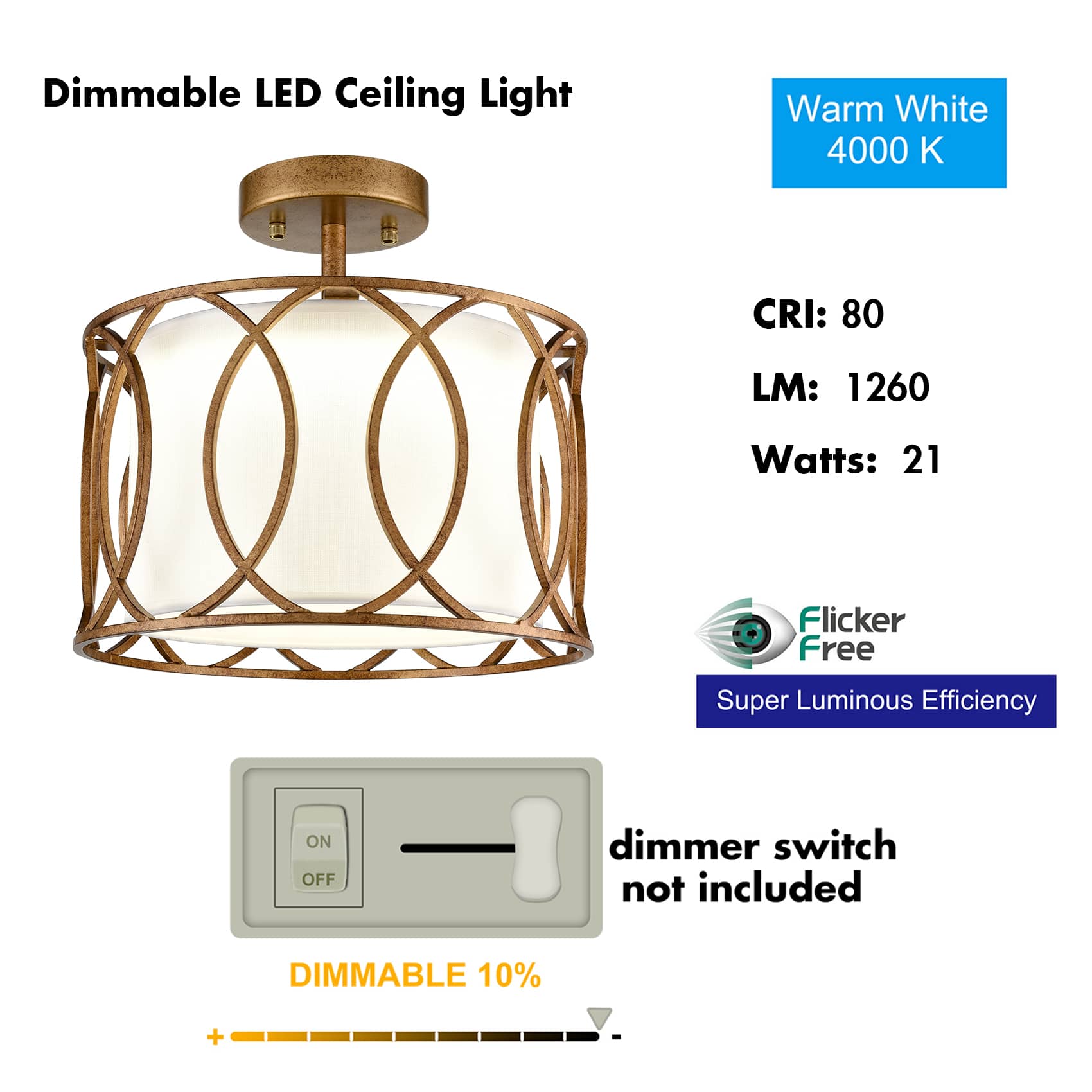 Vintage Dimmable LED Ceiling Light Drum Shade Brass and Rust Finish