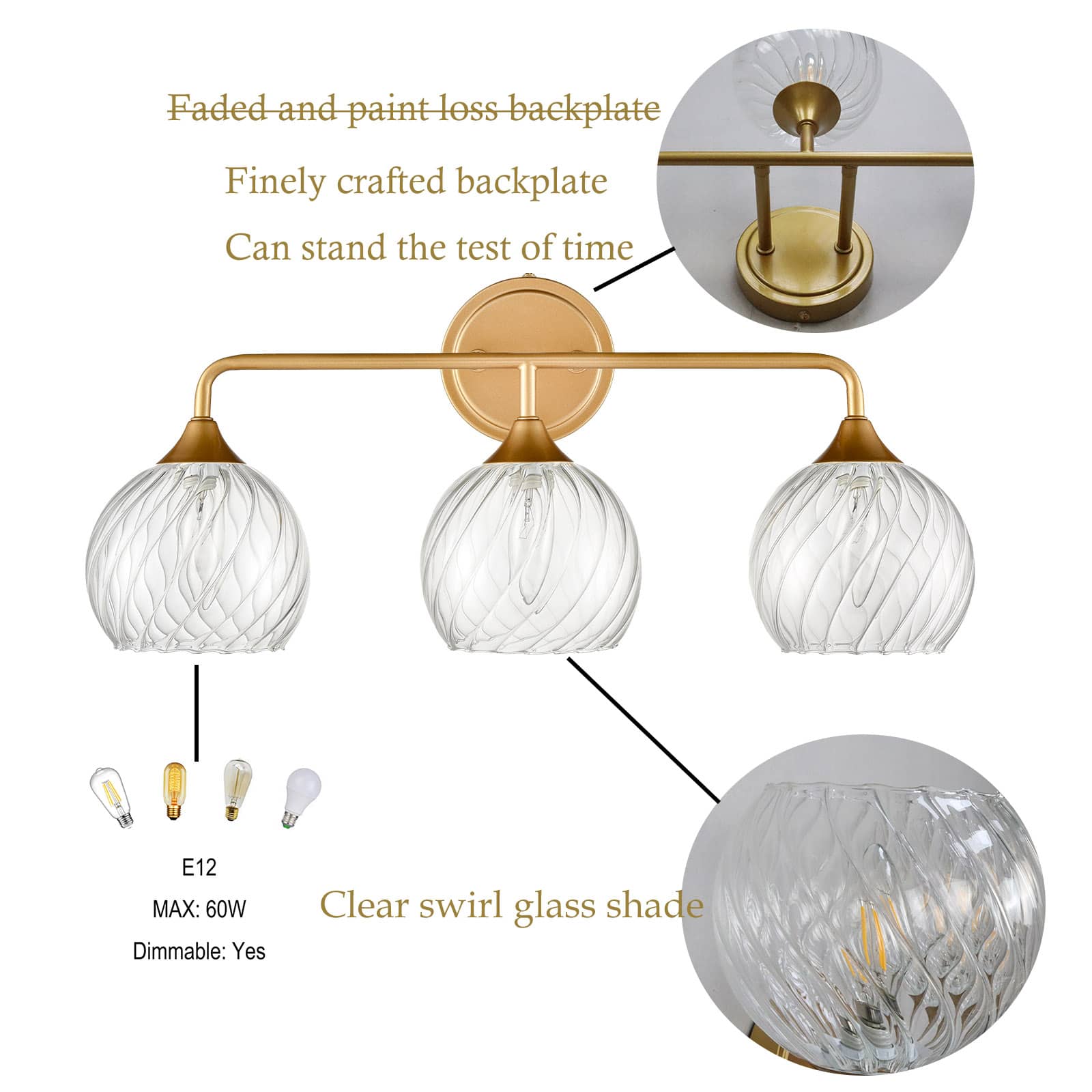 Gold Bathroom Vanity Light, Modern Brass 3 Lights Wall Light Globe Wall Sconce for Bathroom Bedroom Living Room