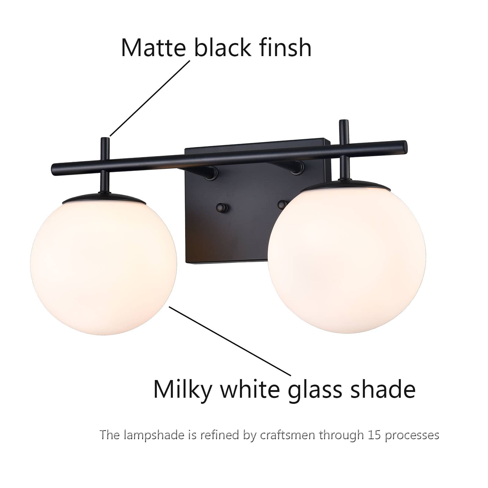 Modern Black Two Globe Vanity Light Milky Glass