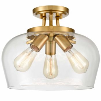 Brass 3-Light Ceiling Light Semi Flush Mount Clear Glass Shade
