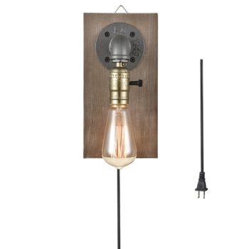 Farmhouse Water Pipe Plug in Wall Sconce with Wooden Base