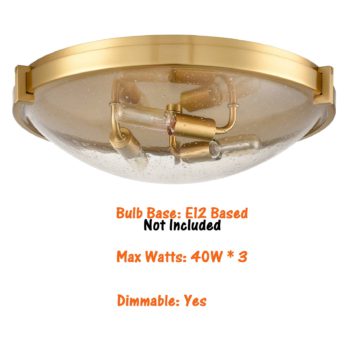 Modern Brass Flush Mount Ceiling Light Seeded Glass Shade 3 Lights 4