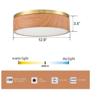 Modern Brass LED Flush Mount Ceiling Light Wood Grain Round Light 2