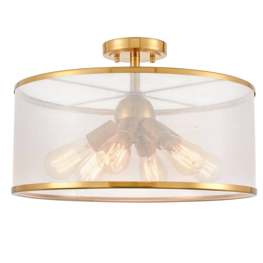 Modern Gold Drum Ceiling Light Organza Lamp Shade 6-Light