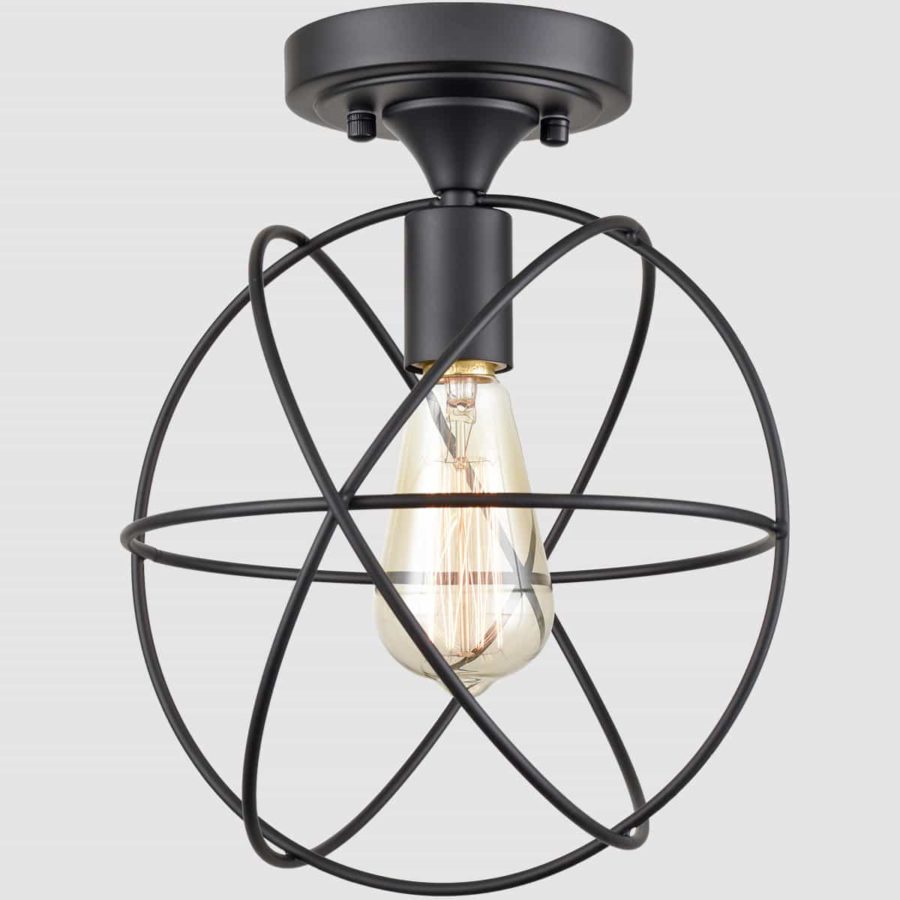 Rustic LED Flush Mount Ceiling Light Metal Cage Sphere Lamp