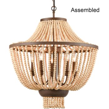 Rustic Wood Beaded Chandelier Candle Style Empire Shape – 5 Light