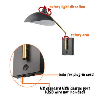 Swing Arm Wall Sconces Modern Black Plug-in Wall Lamp with USB Charge Port