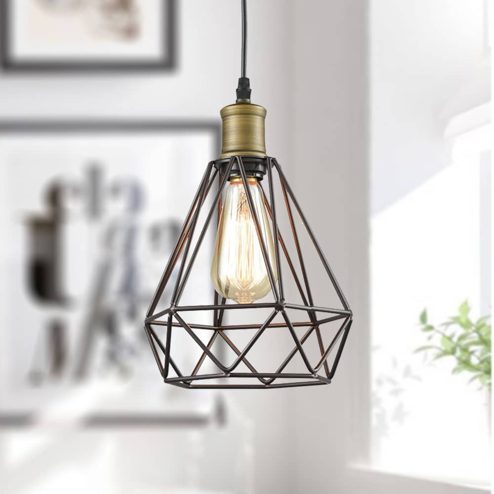 Polygon Farmhouse Metal Wire Cage Shade, Cage Pendant Light Plug In