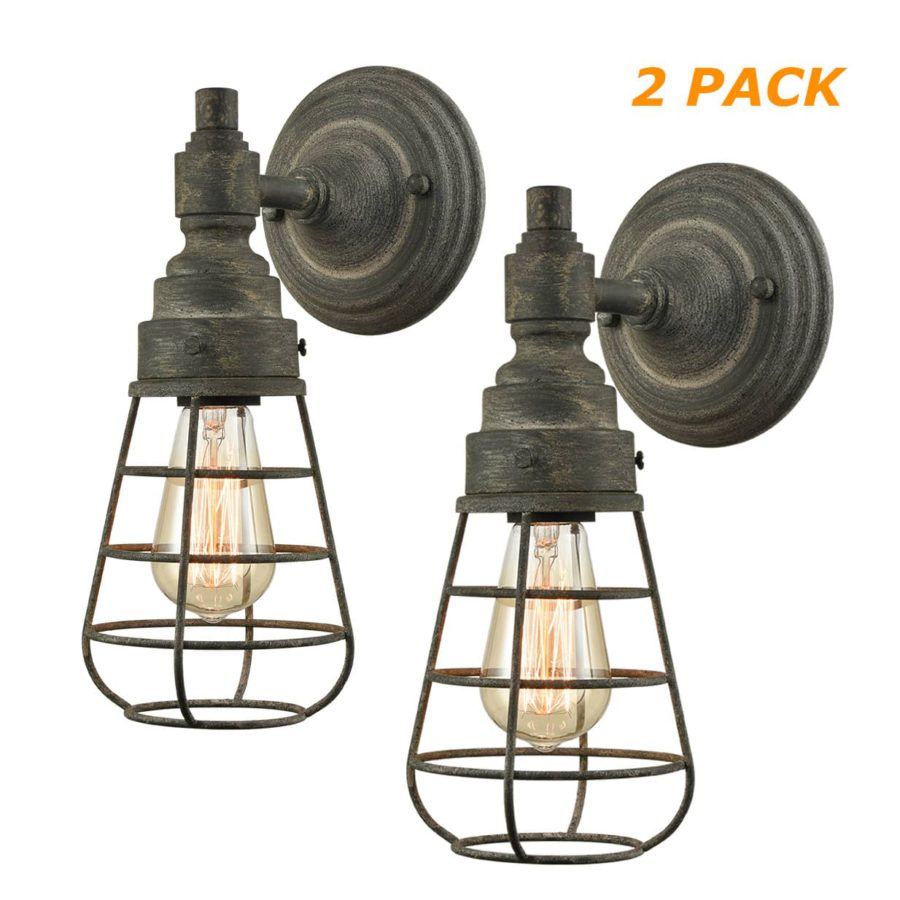 Rustic Double Light Wire Caged Wall Lights with Solid Metal
