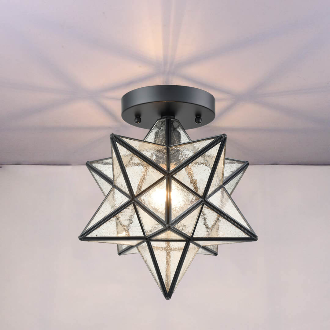 Industrial Moravian Star Ceiling Light With Seeded Glass 12 Inches