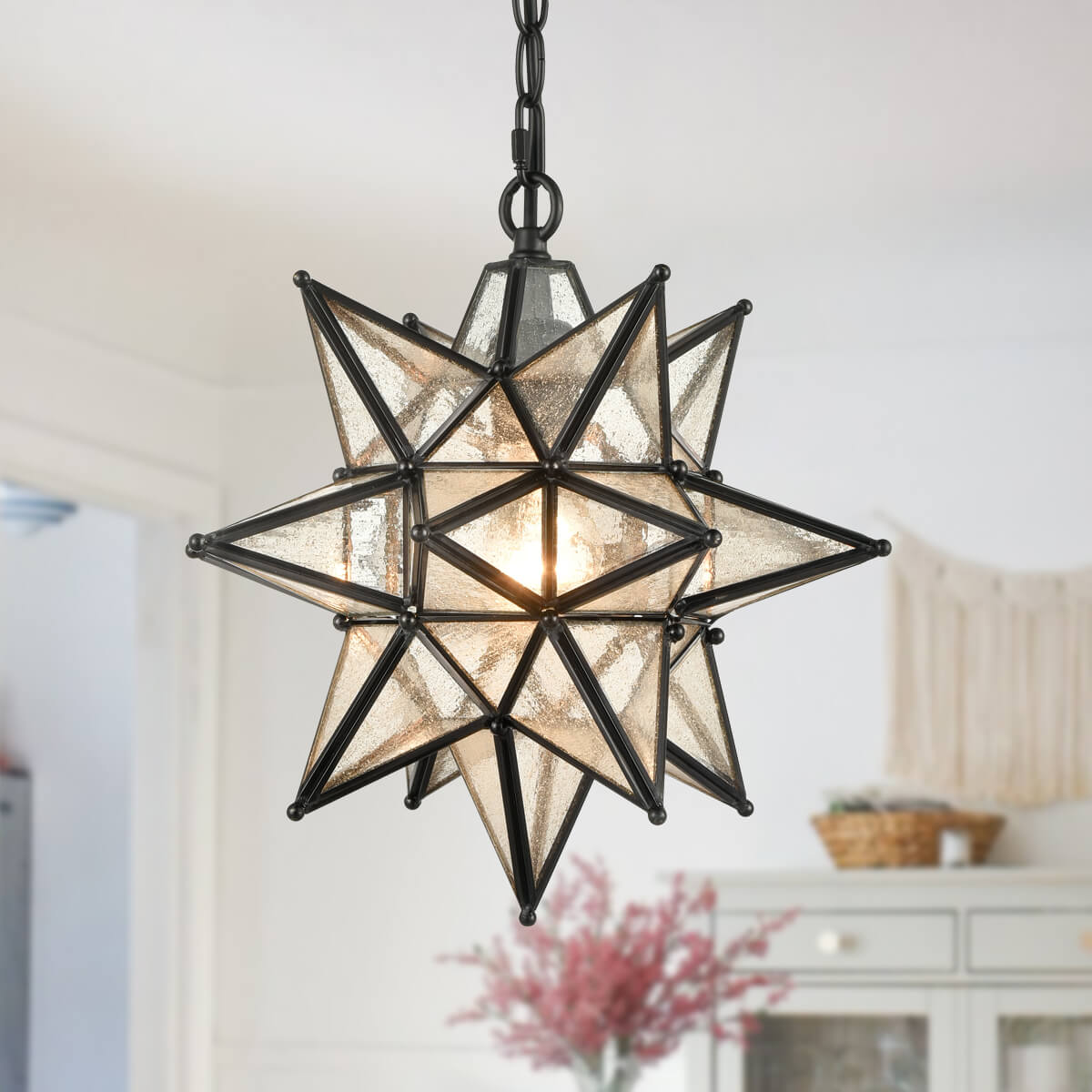 Seeded Glass Industrial Moravian Star Pendant Light 13 Inches