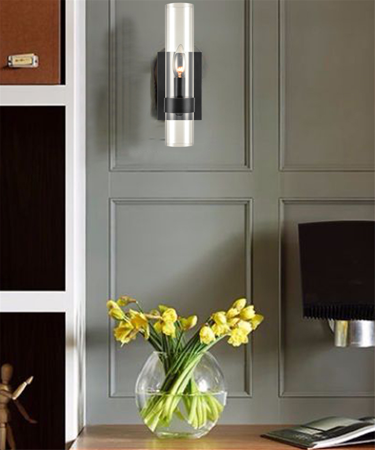 Modern Black Wall Sconce Cylinder Glass for Bathroom
