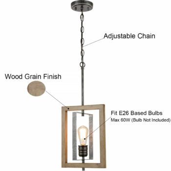 Farmhouse Pendant Light in Wood Grain Metal Rectangular Frame