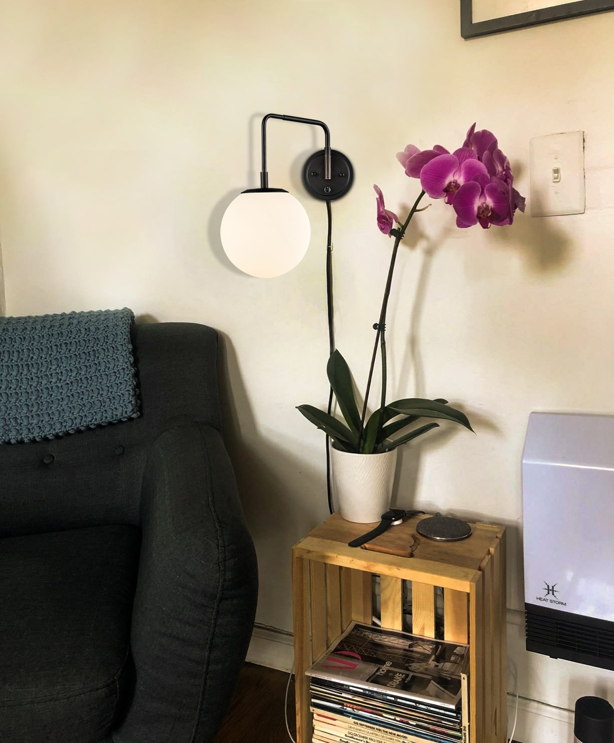 Plug-in Bronze Wall Sconce Opal Globe Glass Modern Wall Sconce