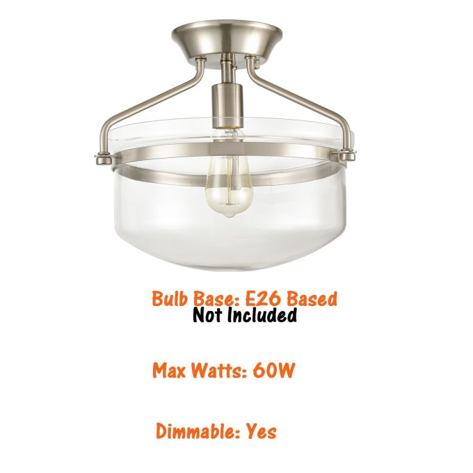 Brushed Nickel Semiflush Mount Ceiling Light Glass Dome Shade