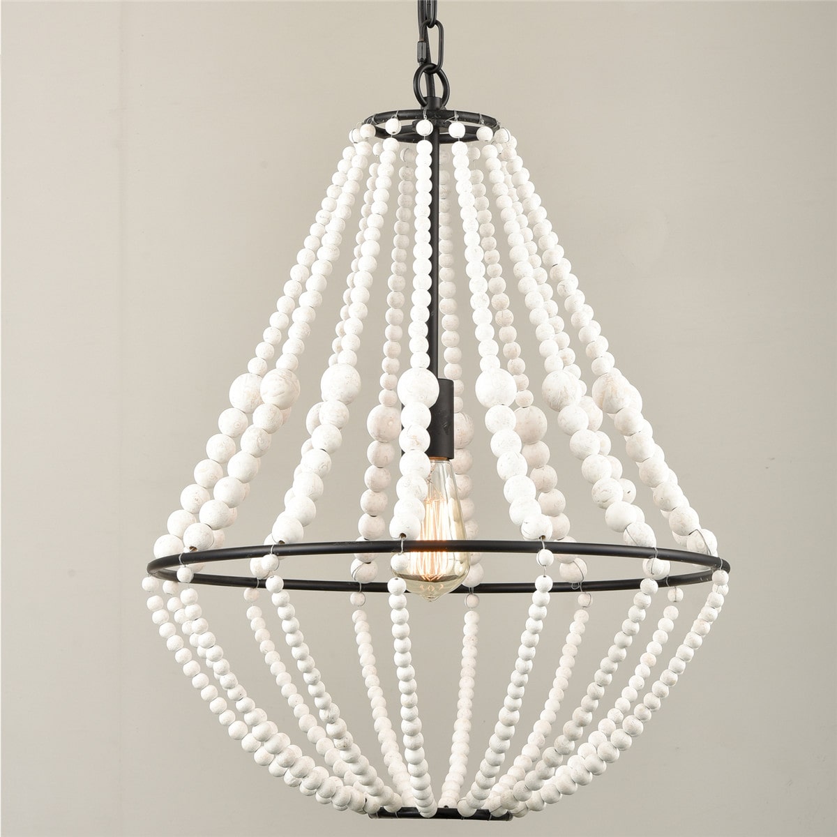 Rustic Wood Beaded Chandelier Distressed OffWhite Finish
