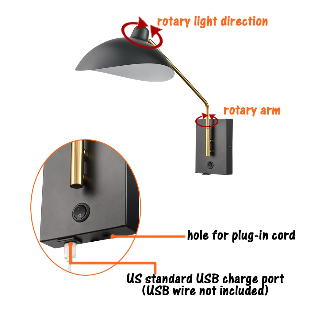Swing Arm Wall Sconces Modern Black Plugin Wall Lamp with USB Charge Port