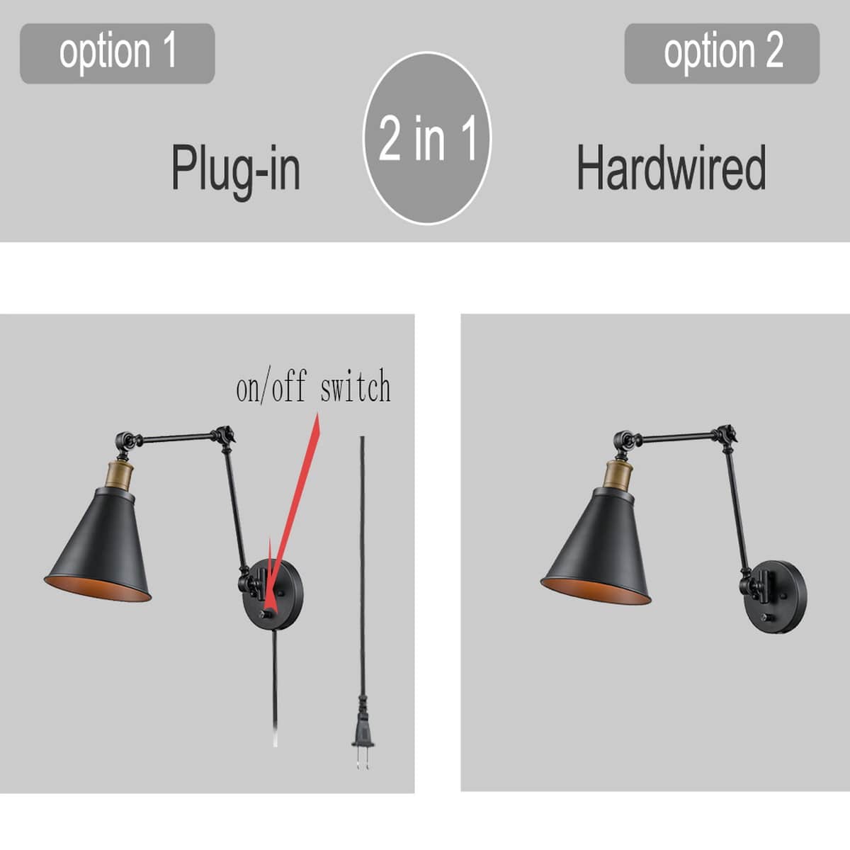 Industrial Swing Arm Plug-in Wall Light Black 2 Pack Fixture
