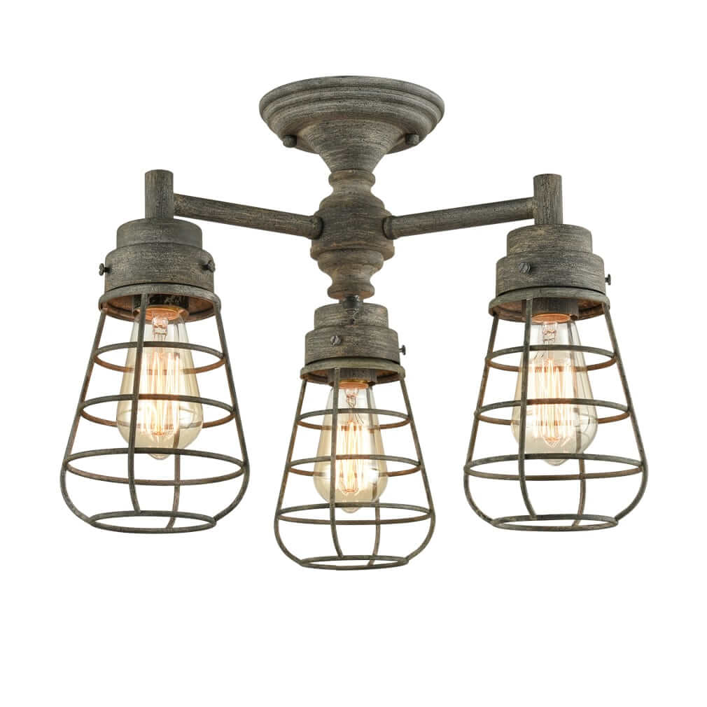 Wire Cage Farmhouse Semiflush Mount Ceiling Fixture 3 Lights Claxy